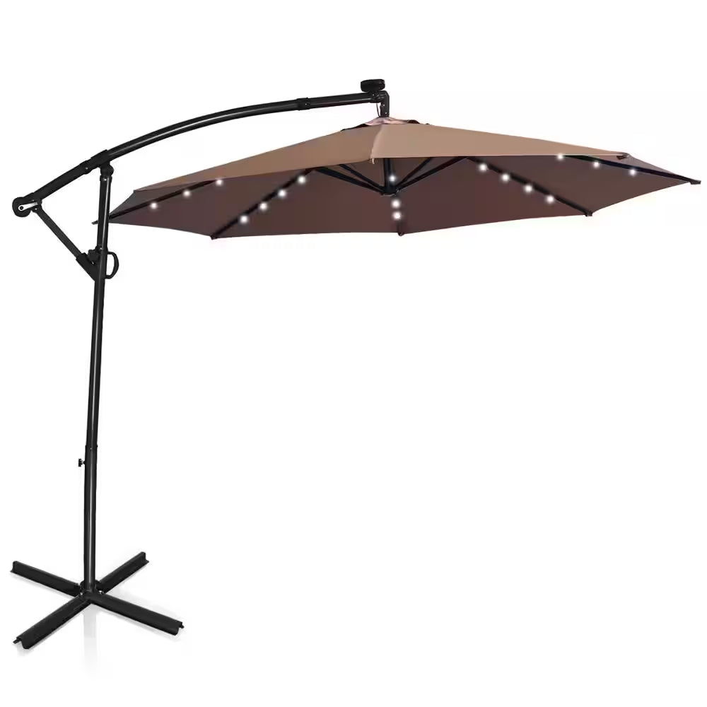 10 Ft. Aluminum Offset Cantilever Solar Tilt Patio Umbrella LED Lights 360-Degrees Rotation Tan