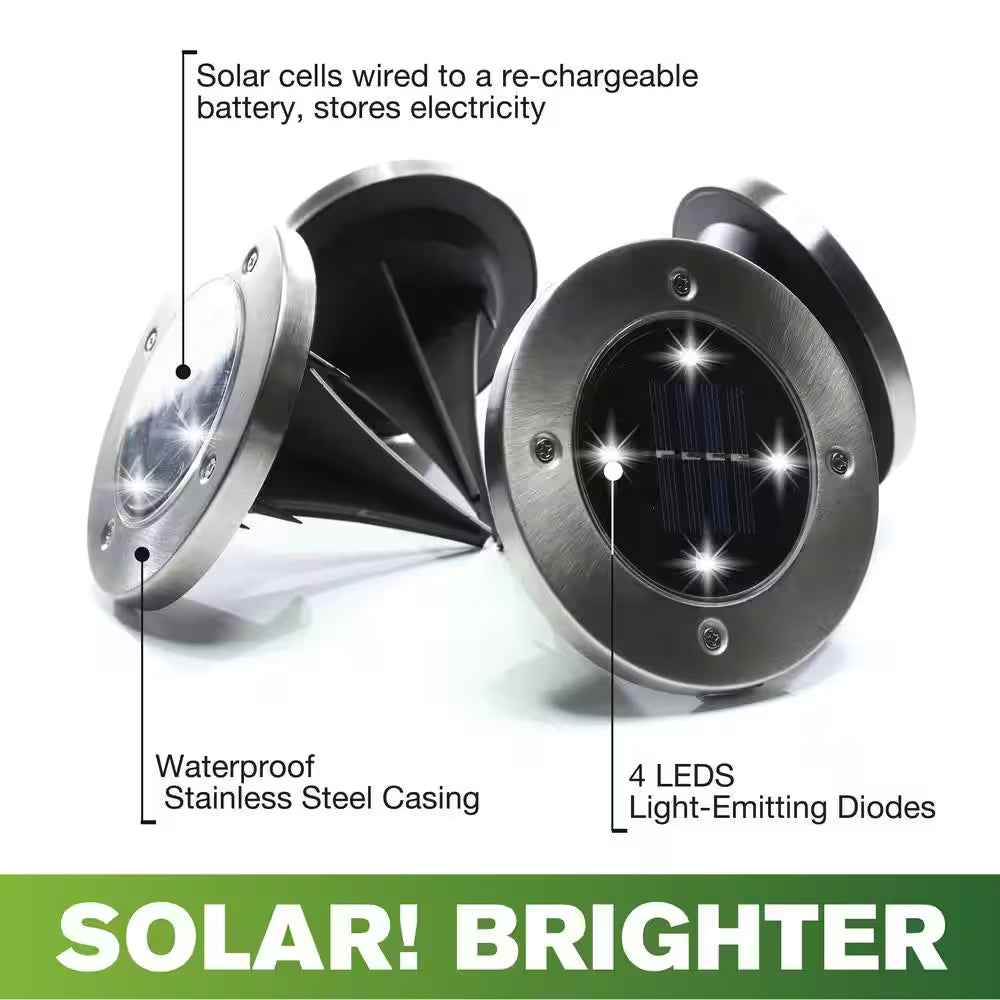 Solar Powered Stainless Steel Outdoor Integrated LED Super Bright In-Ground Path Disk Lights (8 per Box)