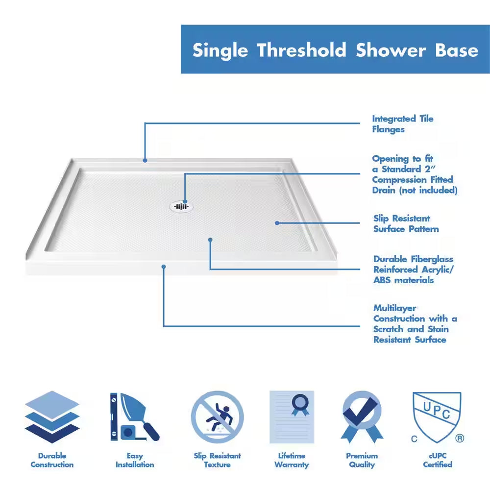 Slimline 48 In. X 36 In. Single Threshold Alcove Shower Pan Base in White with Center Drain