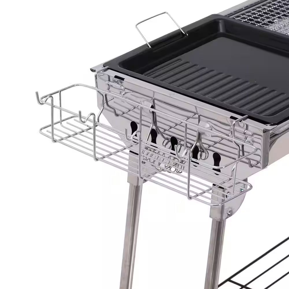 Portable Folding Charcoal BBQ Grill in Silver Stainless Steel Camp Picnic Cooker with a Large Non-Stick Cooking Space