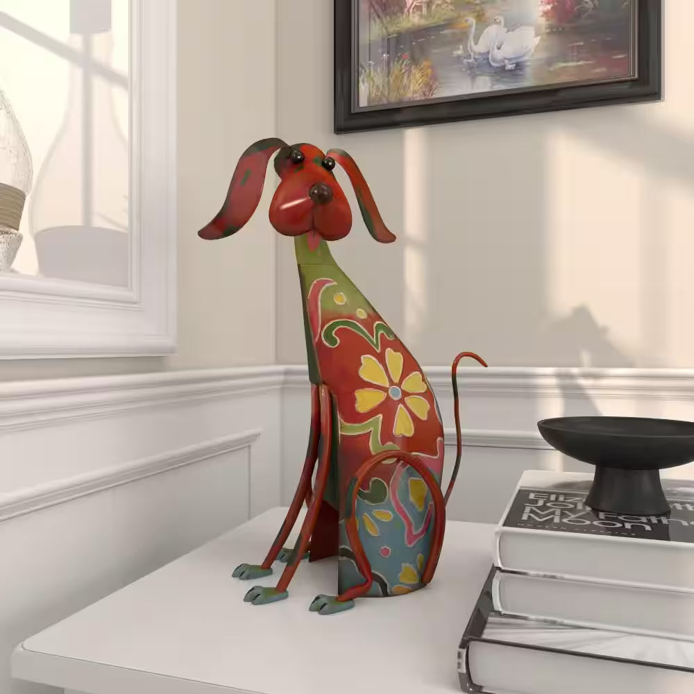 17 In. Metal Indoor Outdoor Dog Garden Sculpture with Floral Pattern