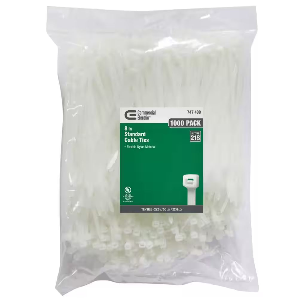 8In Standard 50Lb Tensile Strength UL 21S Rated Cable Zip Ties 1000 Pack Natural (White)