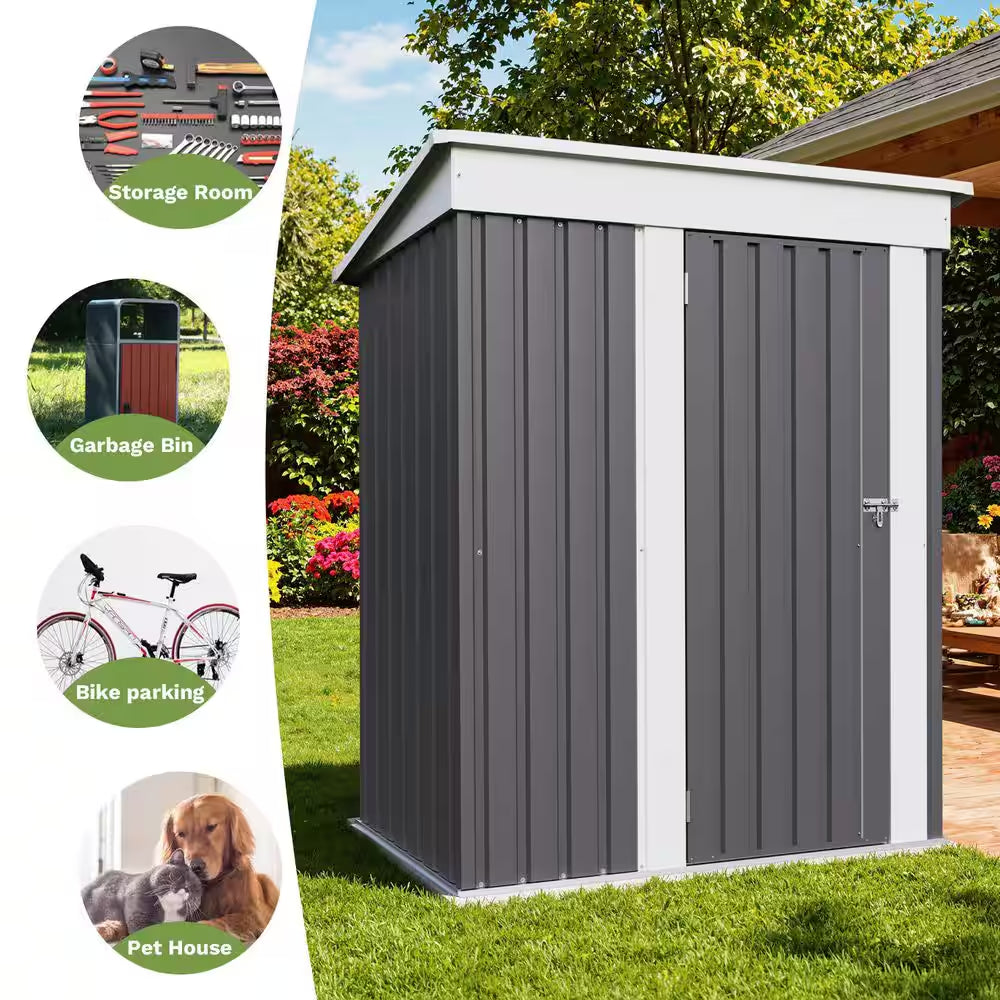 5 Ft. W X 3 Ft. D Outdoor Storage Gray Metal Shed with Sloping Roof and Lockable Door (16 Sq. Ft.)