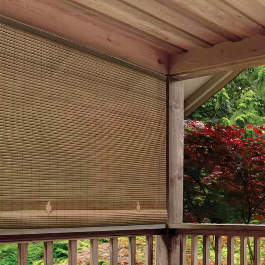Tan Woodgrain Cordless Light Filtering UV Protection PVC Manual Roll-Up Sun Shade 60 In. W X 72 In. L