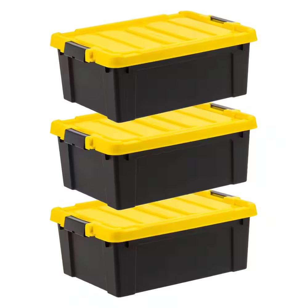 12 Gal. Heavy-Duty Stackable Storage Tote, Black with Yellow Lid (Set of 3)