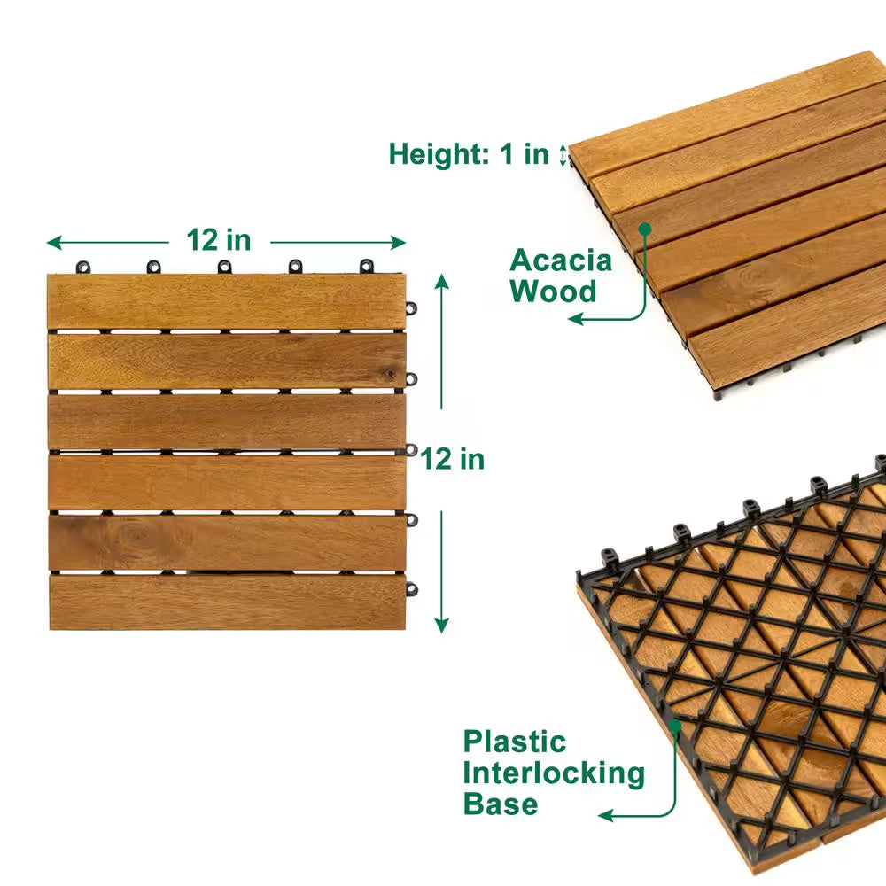 12 In. X 12 In. Acacia Wood Interlocking Flooring Deck Tile Brown 6-Slats, 10-Pack Covering 10 Sq. Ft.