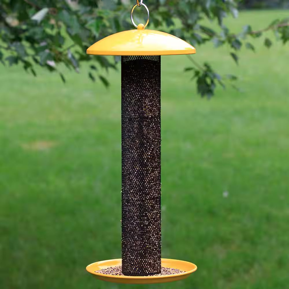 Straight Sided Yellow Metal Hanging Seed Feeder for Finch Bird-1.5 Lb. Capacity