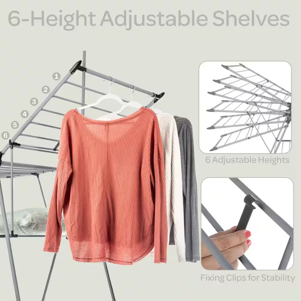 Clothes Drying Rack - 2-Level Laundry Drying Rack with 24 Drying Rails, Hanging Bar, and 2 Height-Adjustable Wings