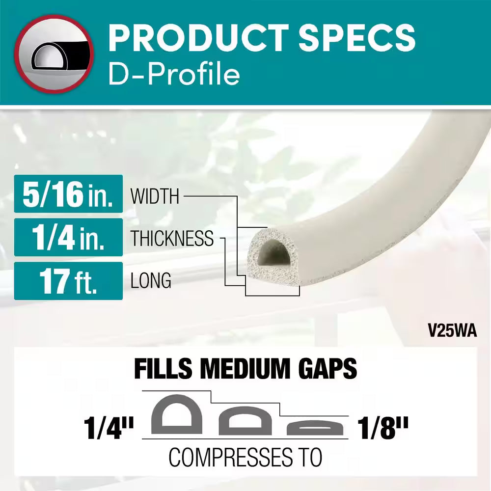 5/16 In. X 1/4 In. X 17 Ft. White D-Center EPDM Medium Gap Weatherseal Tape