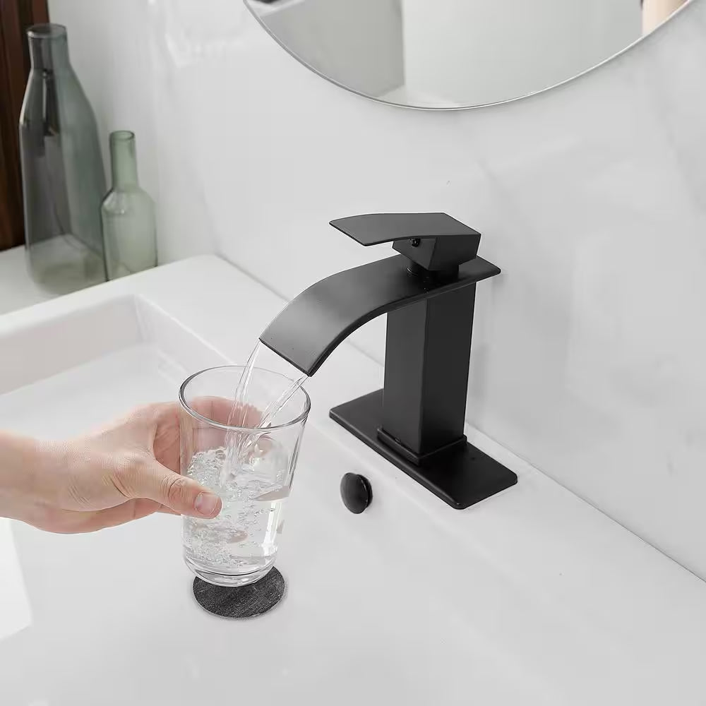 Waterfall Single Handle Single Hole Low-Arc Bathroom Faucet Bathroom Drip-Free Vanity Sink Faucet in Matte Black