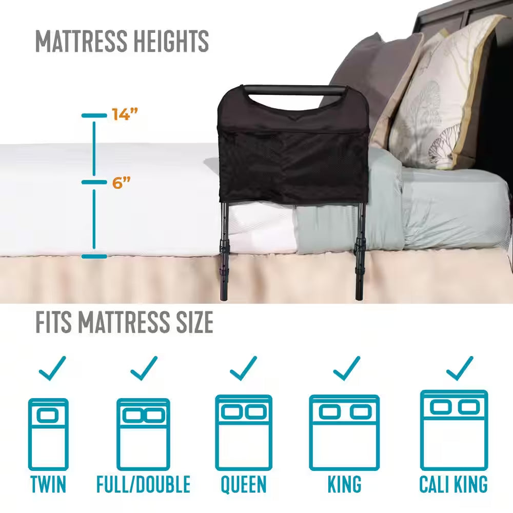 17 In. Bedside Safety Handle Bed Rail Assist with Padded Handle and Pouch in Brown