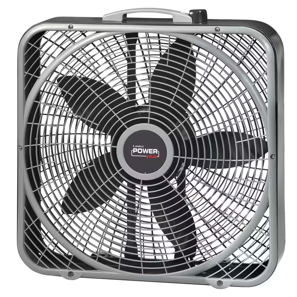 Power plus 20 In. 3 Speed Box Fan for Home in Gray with Weather Shield Design for Window Use, 2000 CFM, Carry Handle