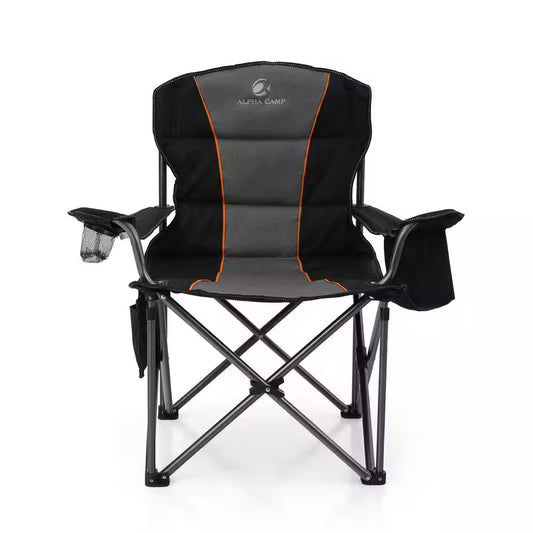 Oversized Folding Camping Chair with Cooler Bag Deluxe Black Chair Heavy-Duty