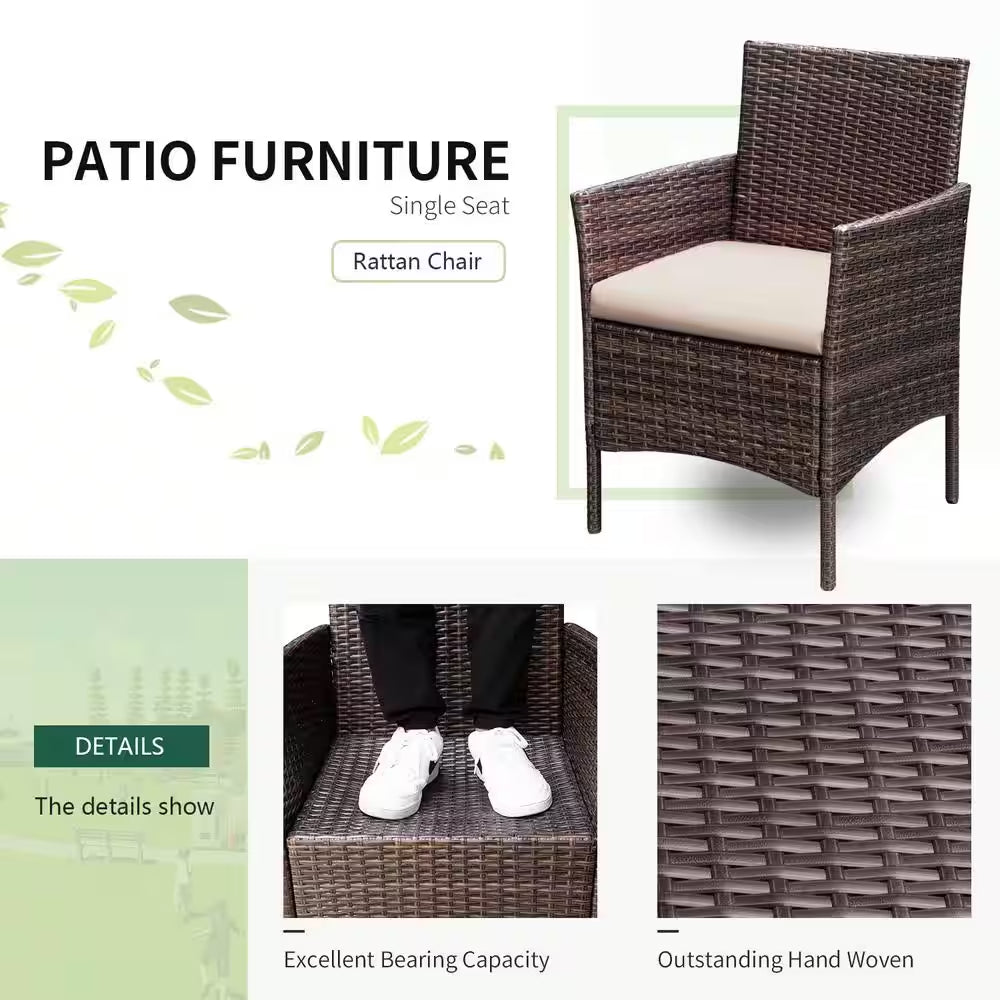 Brown 3-Pieces Patio Furniture PE Rattan Outdoor Conversation Set W/Table Backyard Garden Set with Beige Cushion