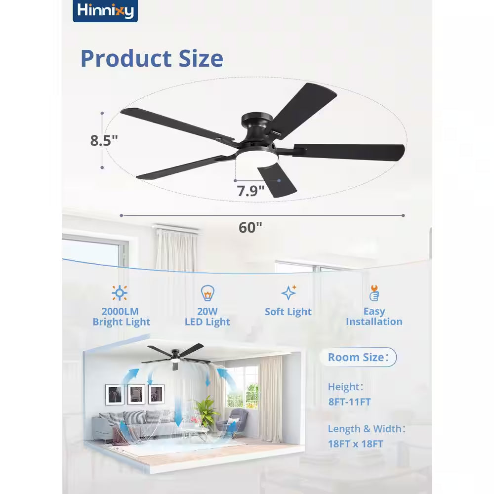 60 Inch Black Modern Flush Mount Ceiling Fan with Light, App/Remote Control Quiet Reversible DC Motor for Living Room