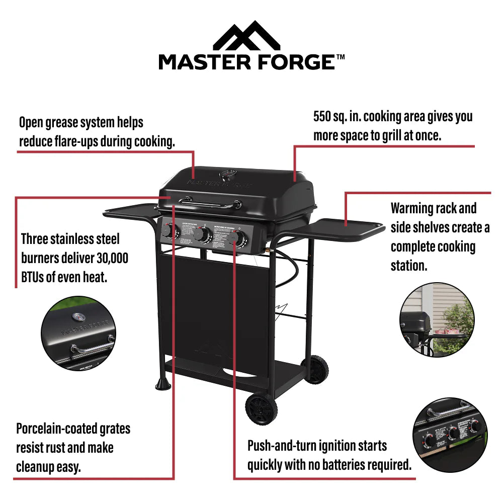 Large 550-Sq.In Black 3 -Burner Liquid Propane Gas Grill