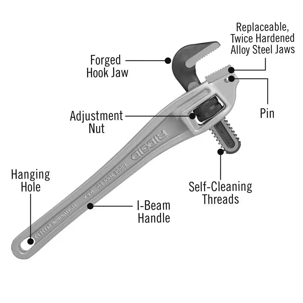 14 In. Aluminum Offset Pipe Wrench with Narrow Hook Jaw Parallel to Handle for Tight Spaces & Overhead Applications