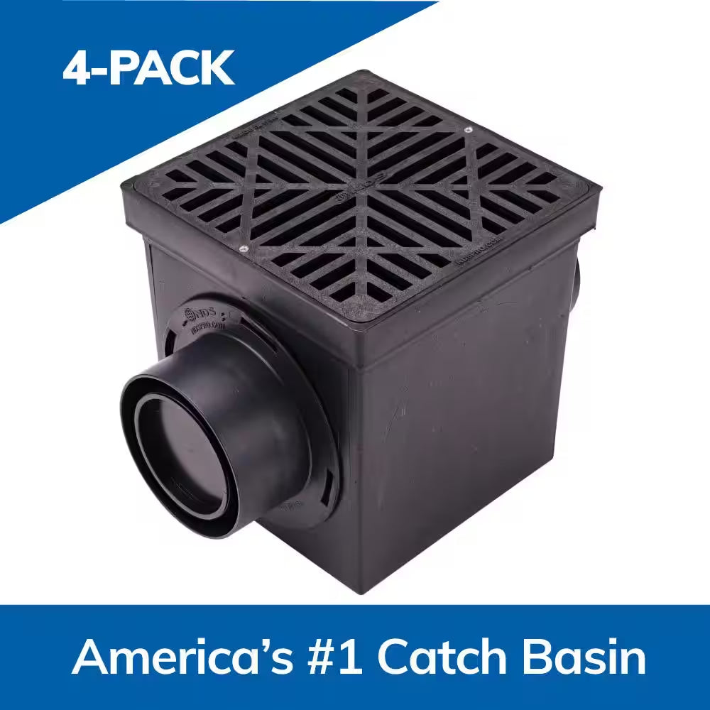 9 In. Square Catch Basin Drain Kit 2-Opening Basin, Black Plastic Grate, 2 Outlet Adapters and 1 Outlet Plug (4-Pack)