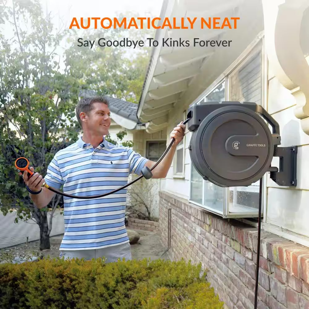 Garden Retractable Hose Reel-1/2 In.-78 Ft. Wall Mounted, Dark Grey, Metal Bracket