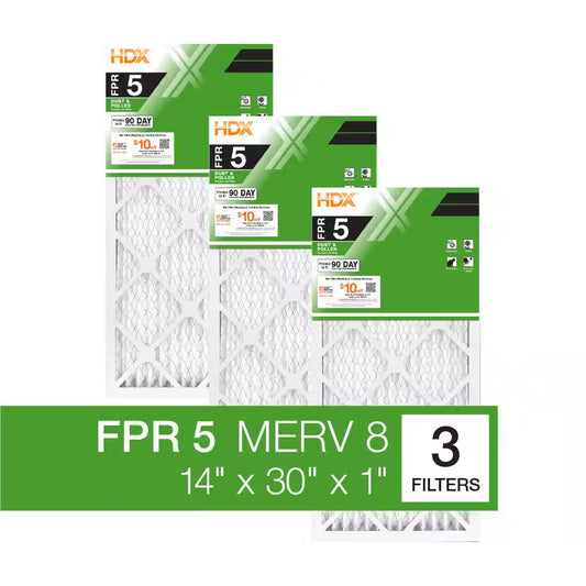 14 In. X 30 In. X 1 In. Standard Pleated Furnace Air Filter FPR 5, MERV 8 (3-Pack)
