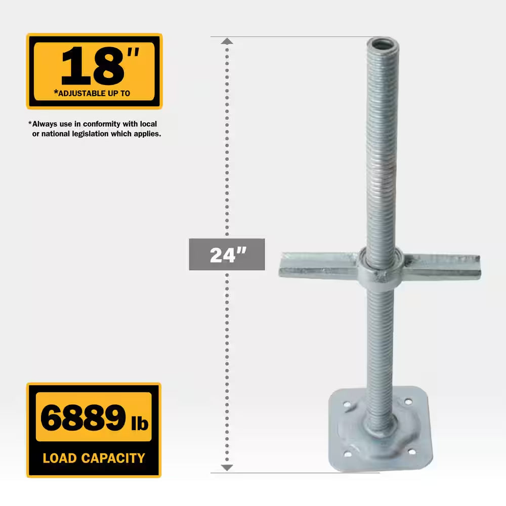 24-Inch Galvanized Steel Adjustable Leveling Jacks with Heavy-Duty Base Plate and Wing Nut Screw for Scaffolding Frames