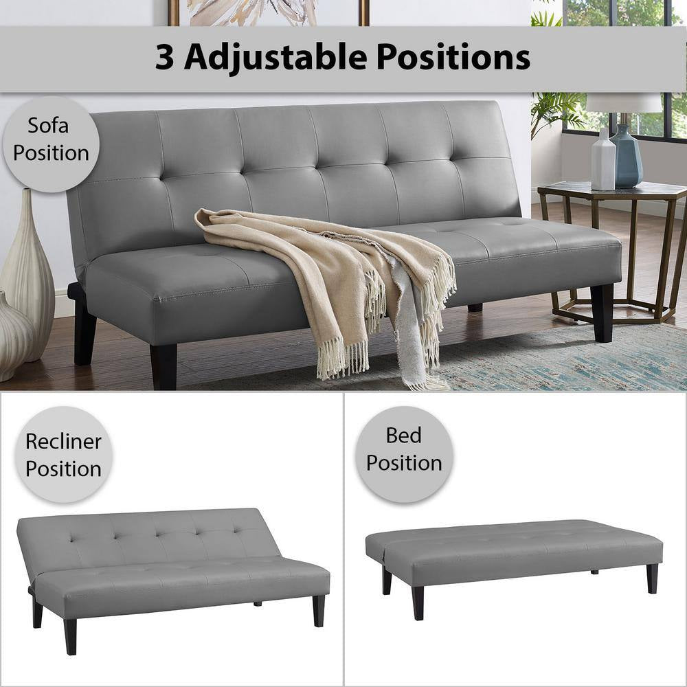76.6 in Gray Faux Leather Armless Futon Sofa Bed with Wooden Legs - Rectangle Couch Featuring Button Tufting