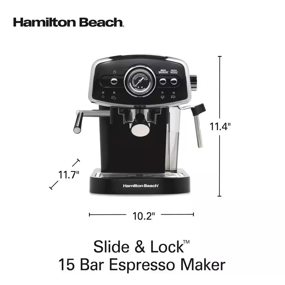 Slide & Lock 2- Cup Black Espresso Machine with 15 Bar Pump