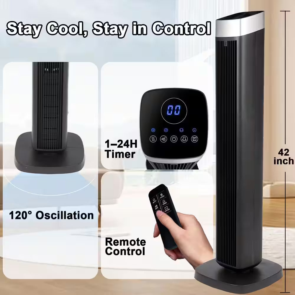 42 In. 3-Fan Speeds Tower Fan in Black with Remote Control