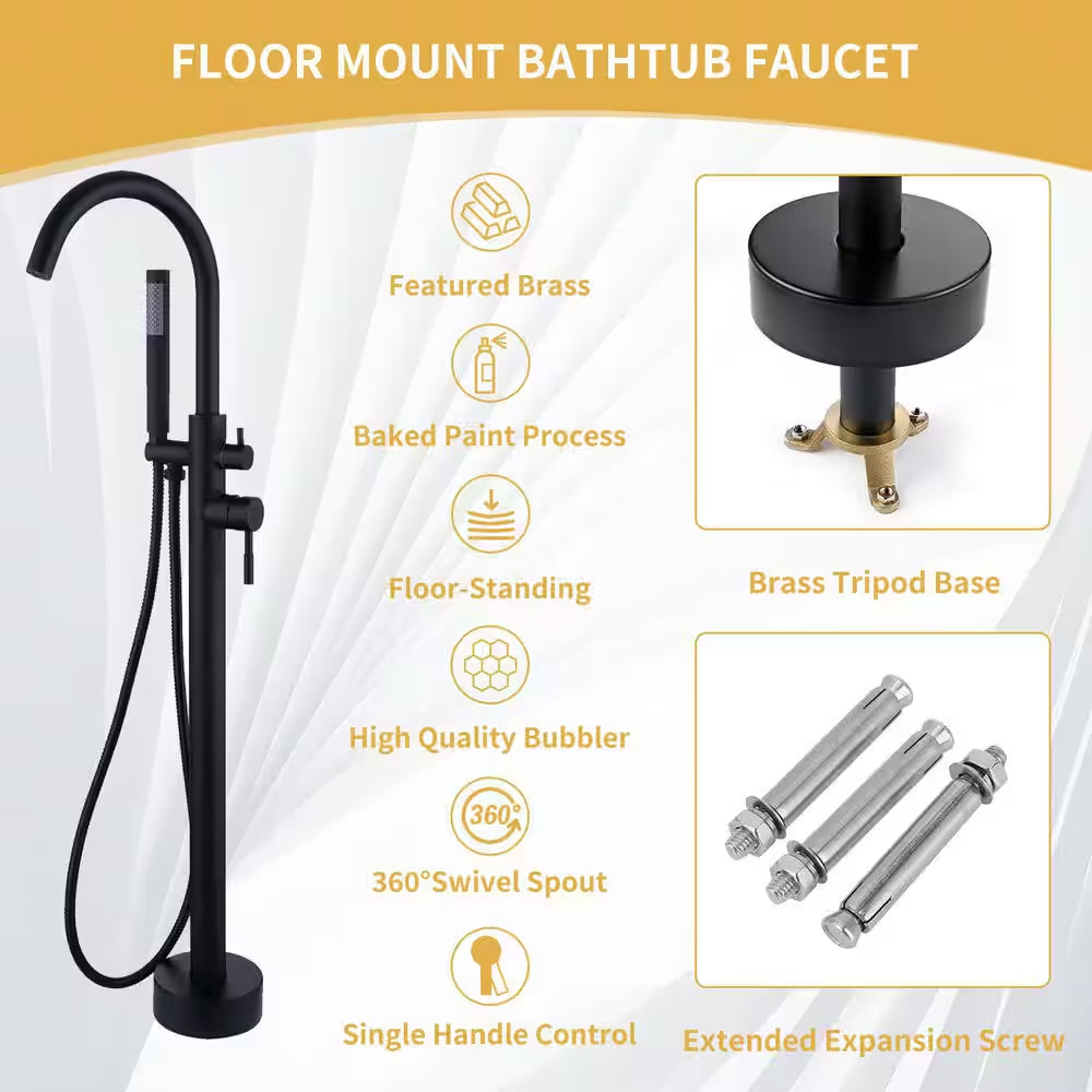 2 Handle Freestanding Tub Faucet with Hand Shower and Feature in Matter Black