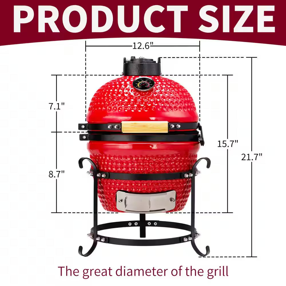 13 In. Kamado Ceramic Charcoal Grill in Red with Grill Stand