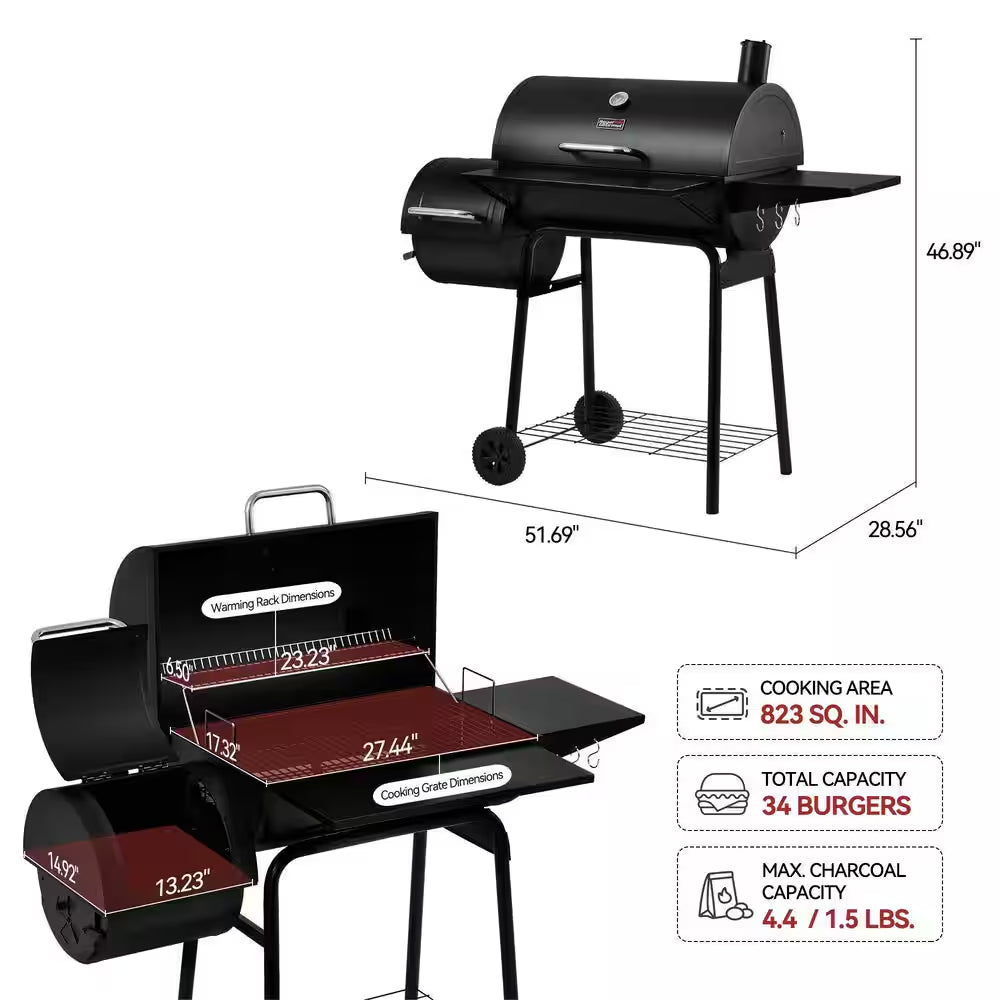 Charcoal Grill in Black with Offset Smoker and Side Table