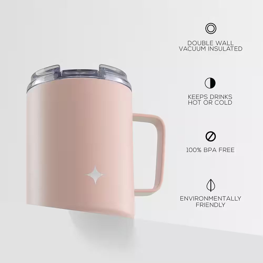 12 Oz. Pink Stainless Steel Vacuum Insulated Travel Coffee Mug Tumbler with Lid & Handle