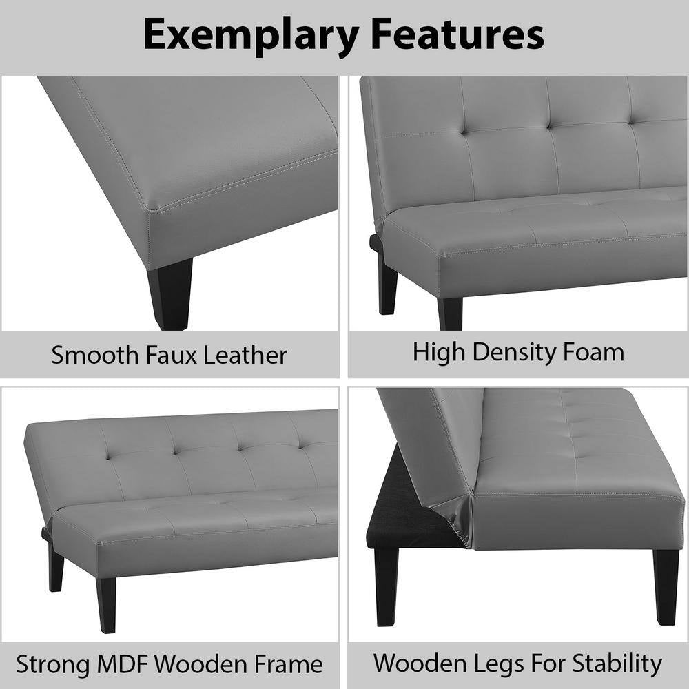 76.6 in Gray Faux Leather Armless Futon Sofa Bed with Wooden Legs - Rectangle Couch Featuring Button Tufting