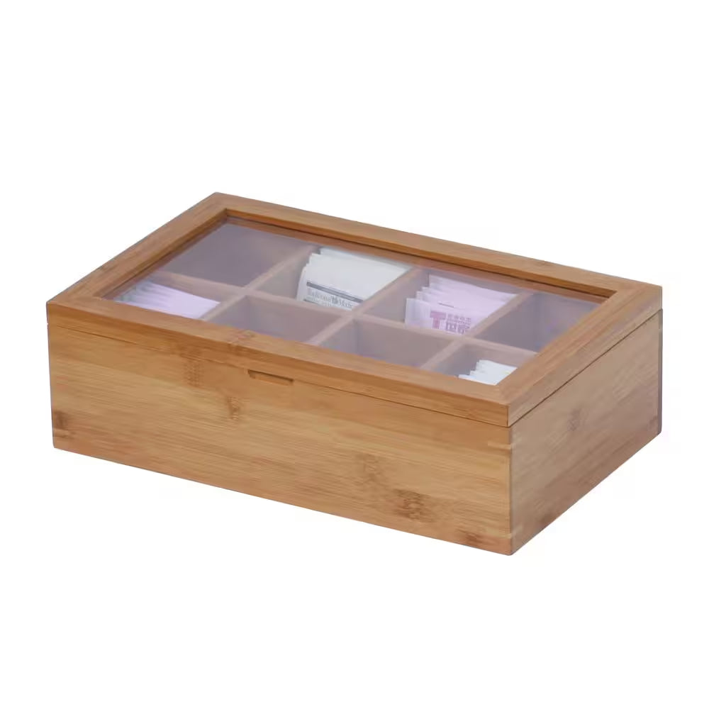 8-Compartment Bamboo Tea Box with Hinged Lid