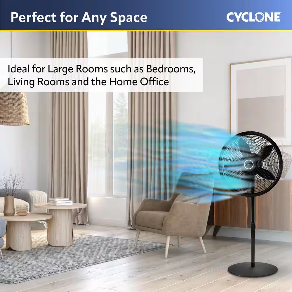 Cyclone 18 In. 3 Speed Oscillating Pedestal Fan for Home in Black with Adjustable Height, Tilt Back Head, Easy Assembly