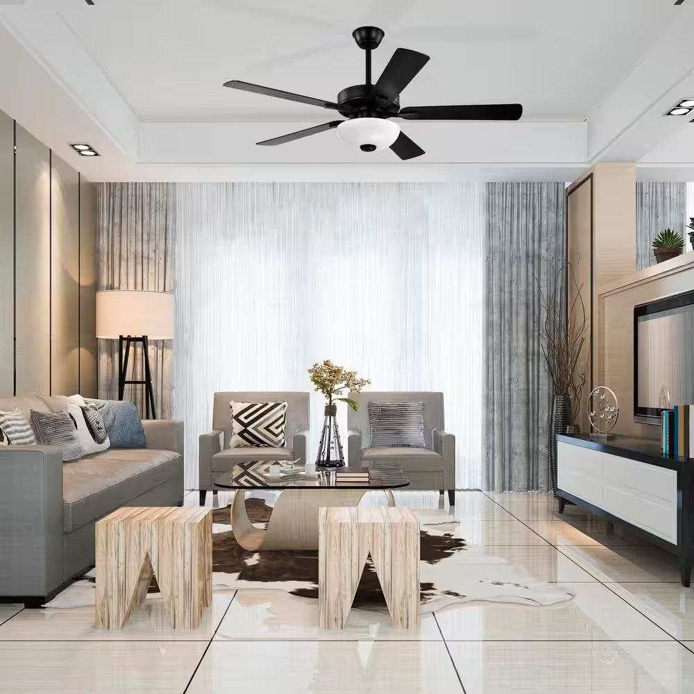 52 In. Matte Black 5-Blade Integrated LED 6-Speed Indoor Ceiling Fan with Light Kit and Remote Control