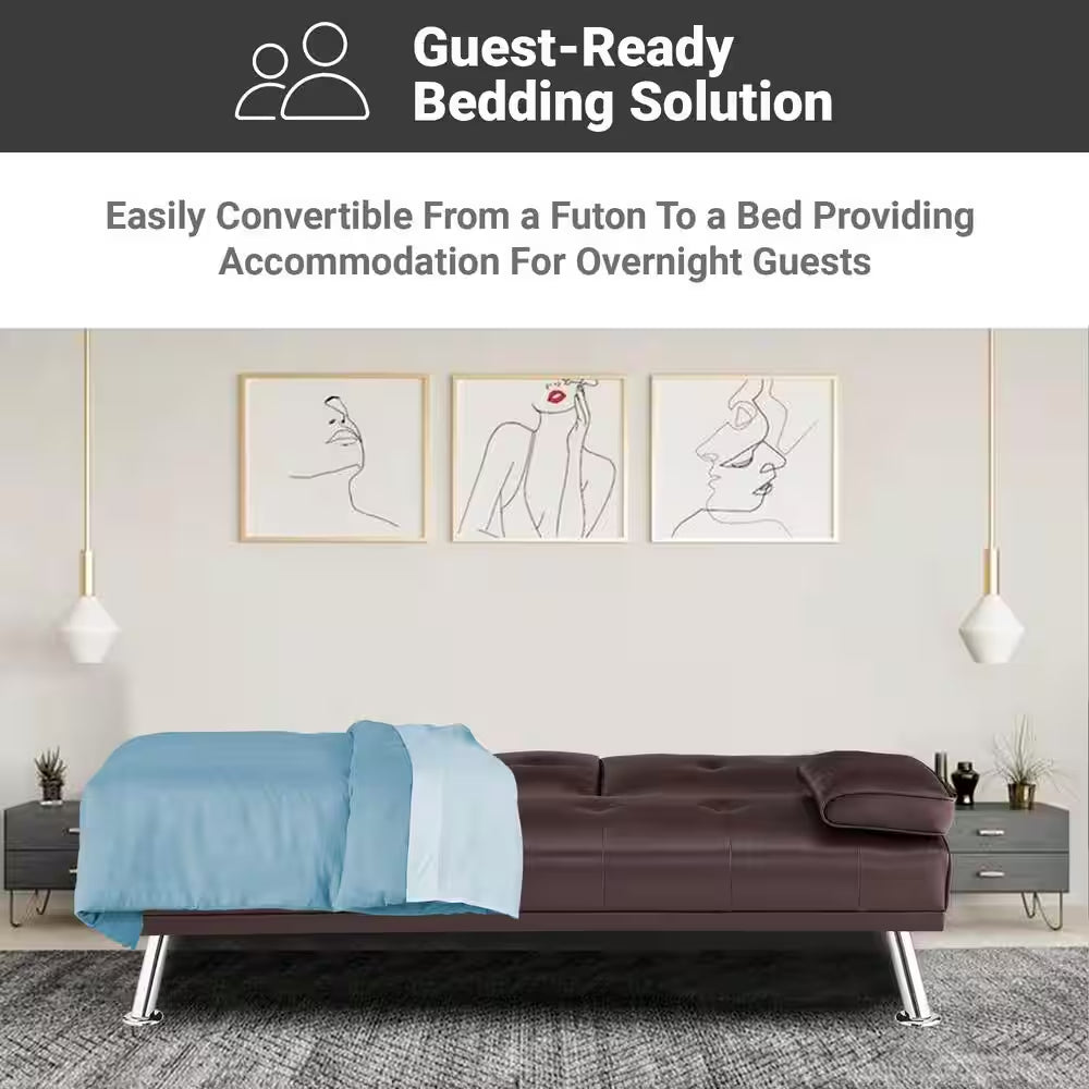 66 in Espresso Futon Sofa Mattress Faux Leather Couch with Armrest and 2-Cupholders Square Arm Rectangle with Metal Legs