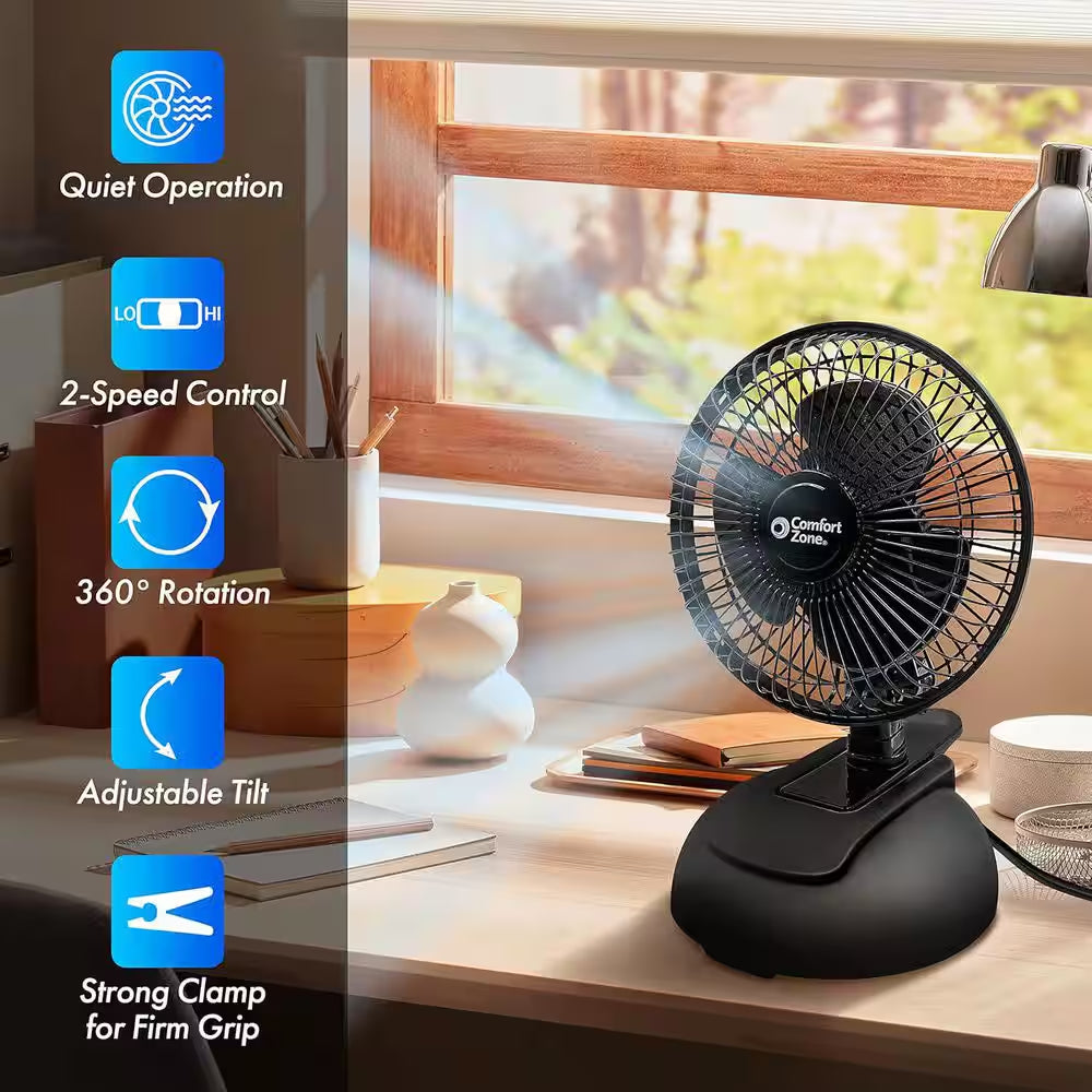 6 In. Black Combo Desk and Clip Fan with Adjustable Tilt