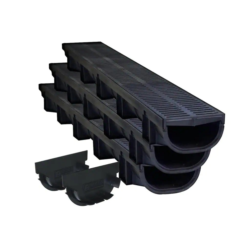 Compact Series 5.4 In. W X 3.2 In. D X 39.4 In. L Trench and Channel Drain Kit with Black Grate (3-Pack : 9.8 Ft)