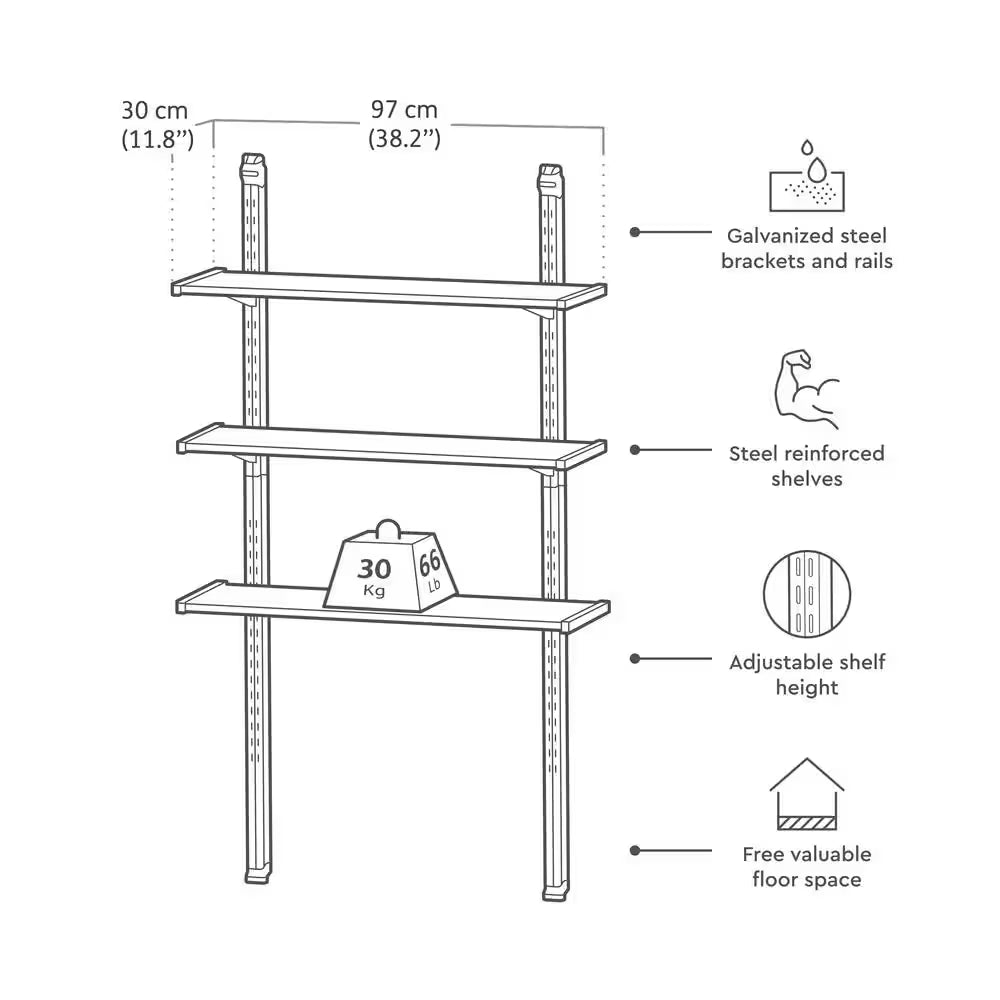 12 In. W X 40 In. H Black Adjustable Shelve Kit and Rack for Outdoor Storage Sheds Wall Shelving