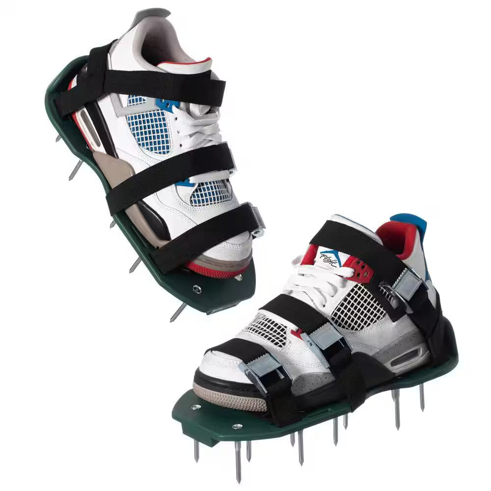 Lawn and Garden Aerator Spike Shoe with 3 Metal Buckle Straps, Green Spiked Sandal