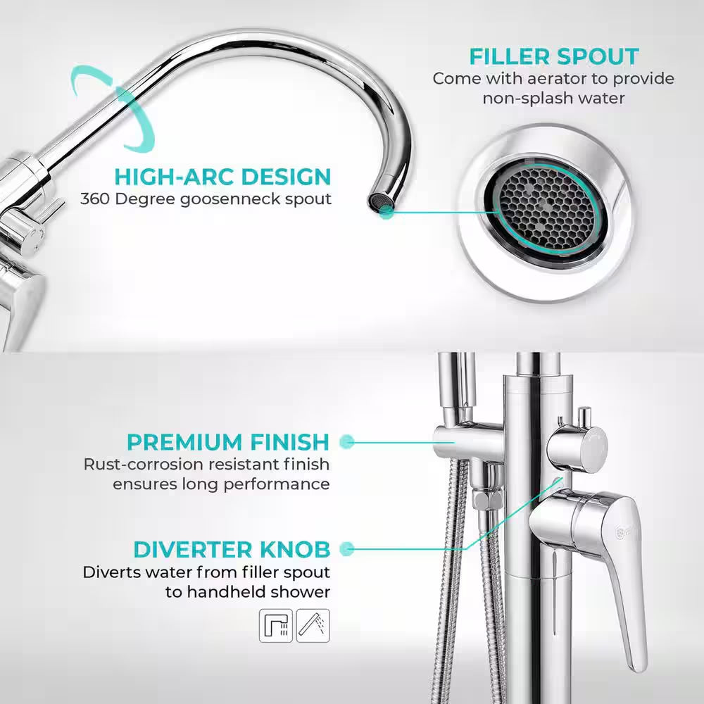 1-Handle Freestanding Floor Mount Roman Tub Faucet Bathtub Filler with Hand Shower in Chrome