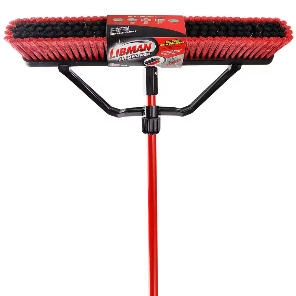 24 In. High Power Heavy-Duty Multi-Surface Squeegee Push Broom with Brace and Steel Handle