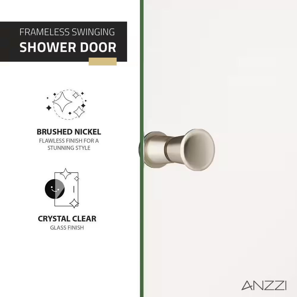Romance Series 33.3 In. X 72 In. H Hinged Frameless Shower Door in Brushed Nickel with Tsunami Guard Tempered Glass