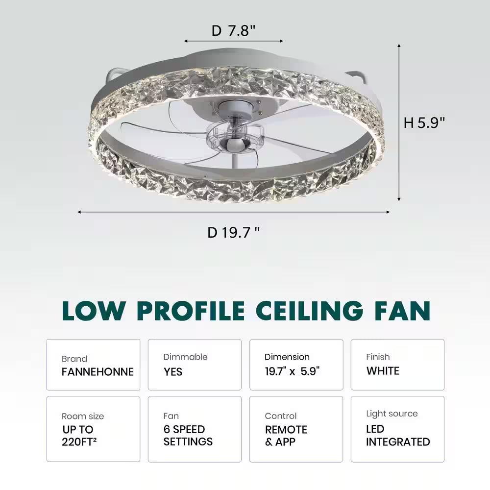 Lidia 19.68 in Indoor Modern White Crystal Flush Mount Ceiling Fan with Light, White LED Ceiling Fan for Bedroom