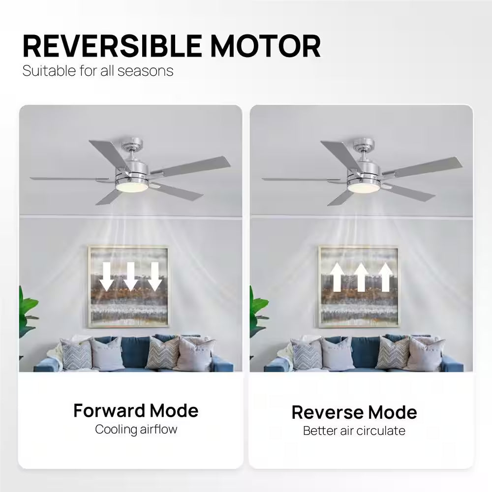 52 In. Indoor Modern Chrome Ceiling Fan with LED Light and Remote Control for Bedroom and Living Room