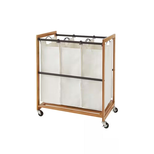 Ecostorage Wheeled 3-Bag Bamboo Laundry Cart with Bronze Poles