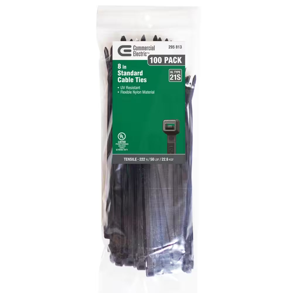 8In Standard 50Lb Tensile Strength UL 21S Rated Cable Zip Ties 100 Pack UV (Black)