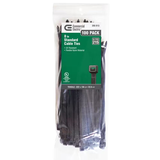 8In Standard 50Lb Tensile Strength UL 21S Rated Cable Zip Ties 100 Pack UV (Black)