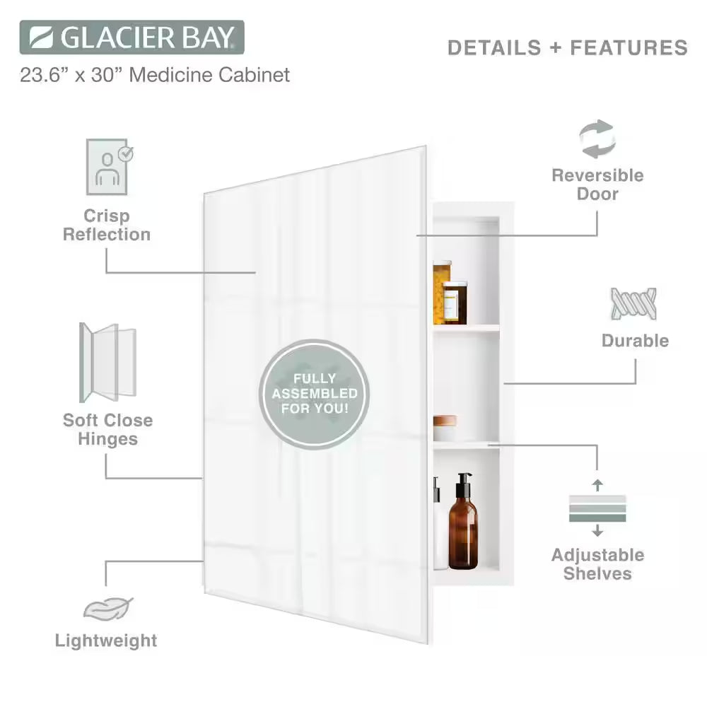 23.6 In. W X 30 In. H Rectangular Wood Composite Medicine Cabinet with Mirror